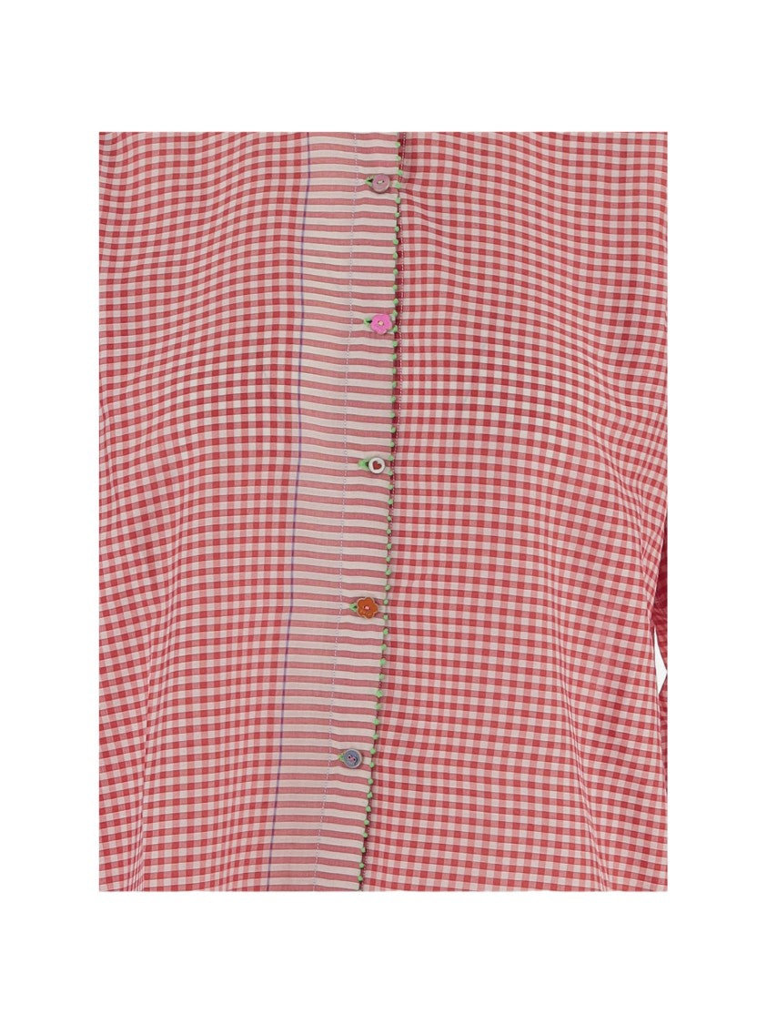 Pero Relaxed Fit Red And White Gingham Shirt With Vertical Striped Placket