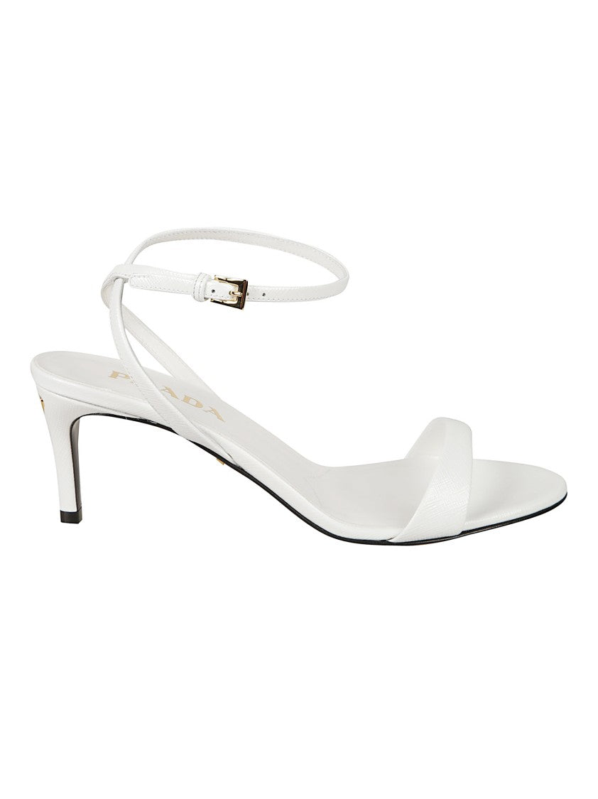 Prada Minimalist White Sandals With Slim Ankle Strap And Metallic Detail
