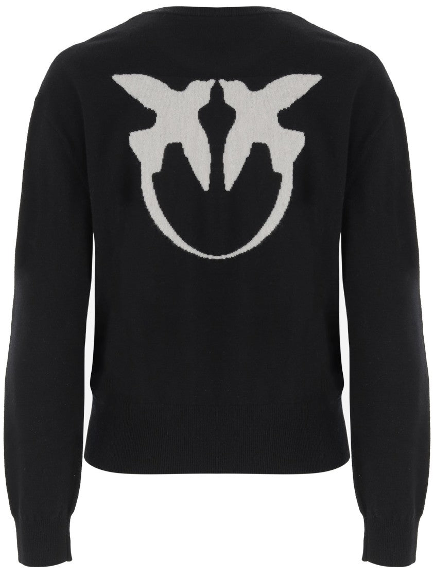 Pinko Cropped Knit Sweater With Graphic Back And Ribbed Detailing