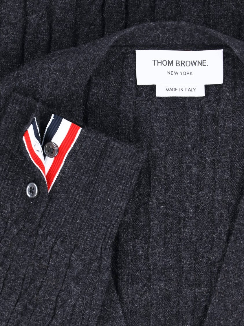 Thom Browne Grey 4-Bar Cable-Knit Cashmere V-Neck Cardigan