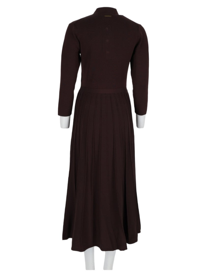 Michael Michael Kors Brown Collared Pleated Skirt Viscose-Blend Midi Dress