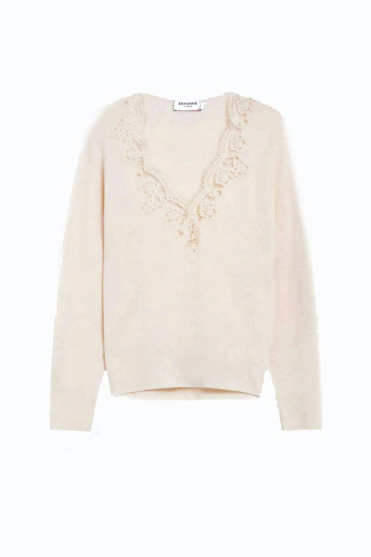 Ermanno Cream V-Neck Ruffled Floral Wool Sweater
