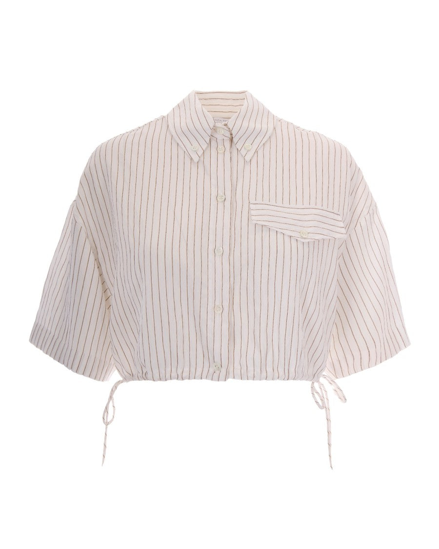Patrizia Pepe Cropped White Stripe Shirt With Fly Patch Detail