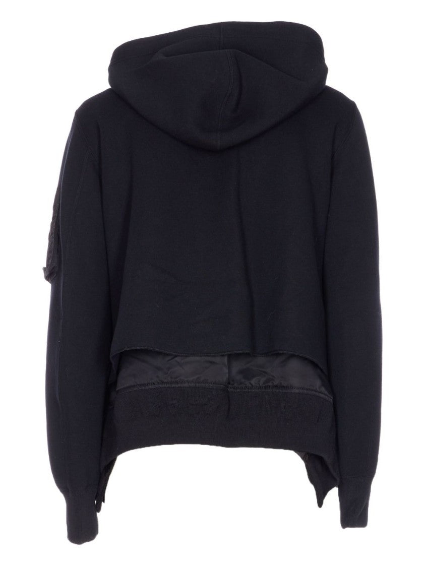 Sacai Cropped Black Hoodie With Layered Hem And Functional Accents