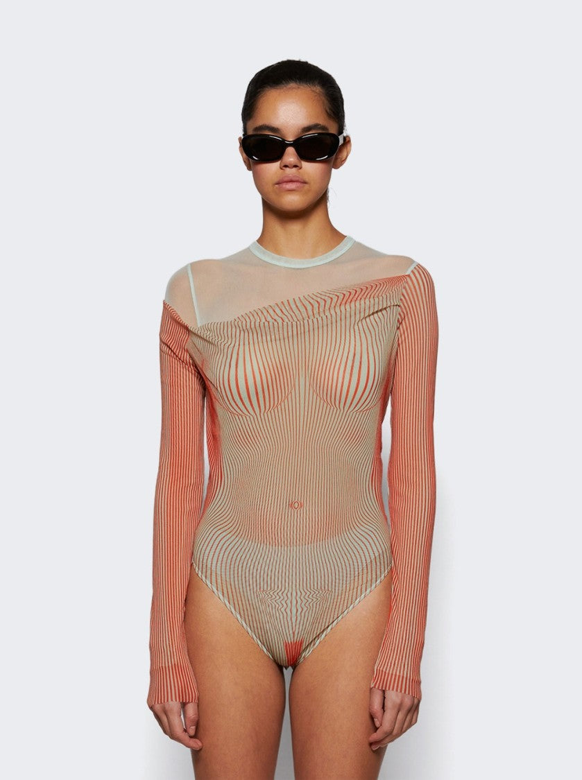 Jean Paul Gaultier Double Layer Pinstripe Body Morphing Bodysuit Mint And Coral