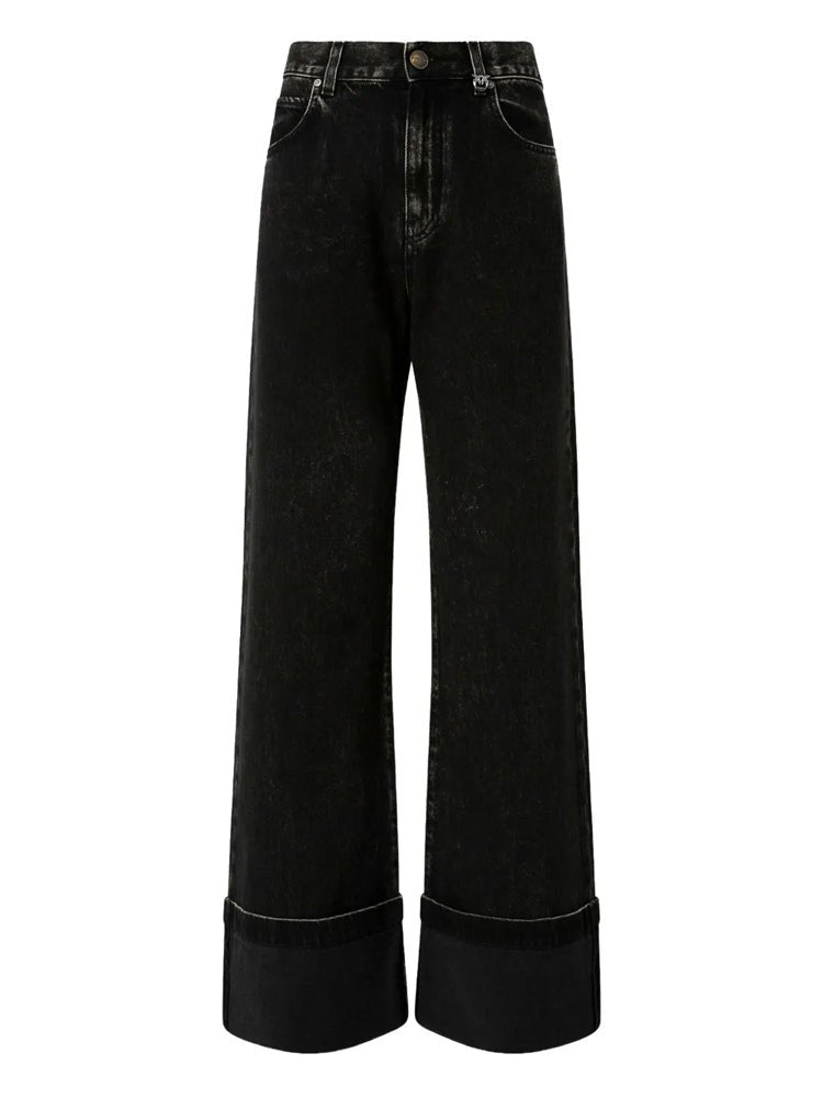 Pinko Black Wanda High-Waist Turn-Up Hem Cotton-Blend Wide-Leg Jeans