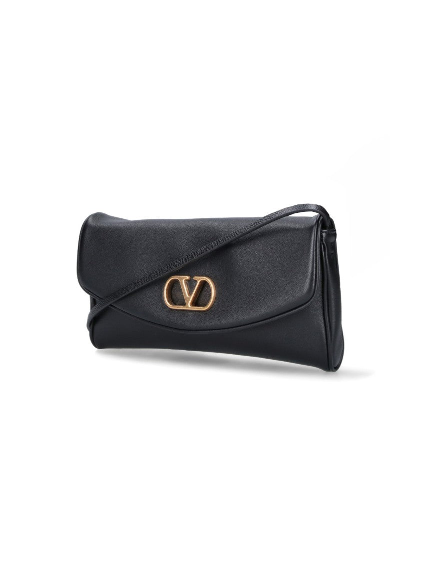 Valentino Garavani Black Structured Gold Emblem Leather Bag