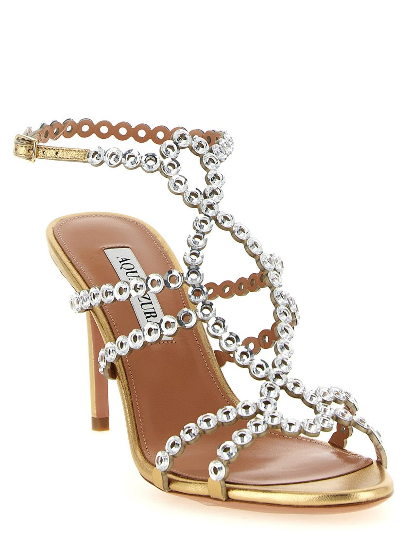 Aquazzura Laminated Leather Sandals With Crystal-Adorned Chain Pattern