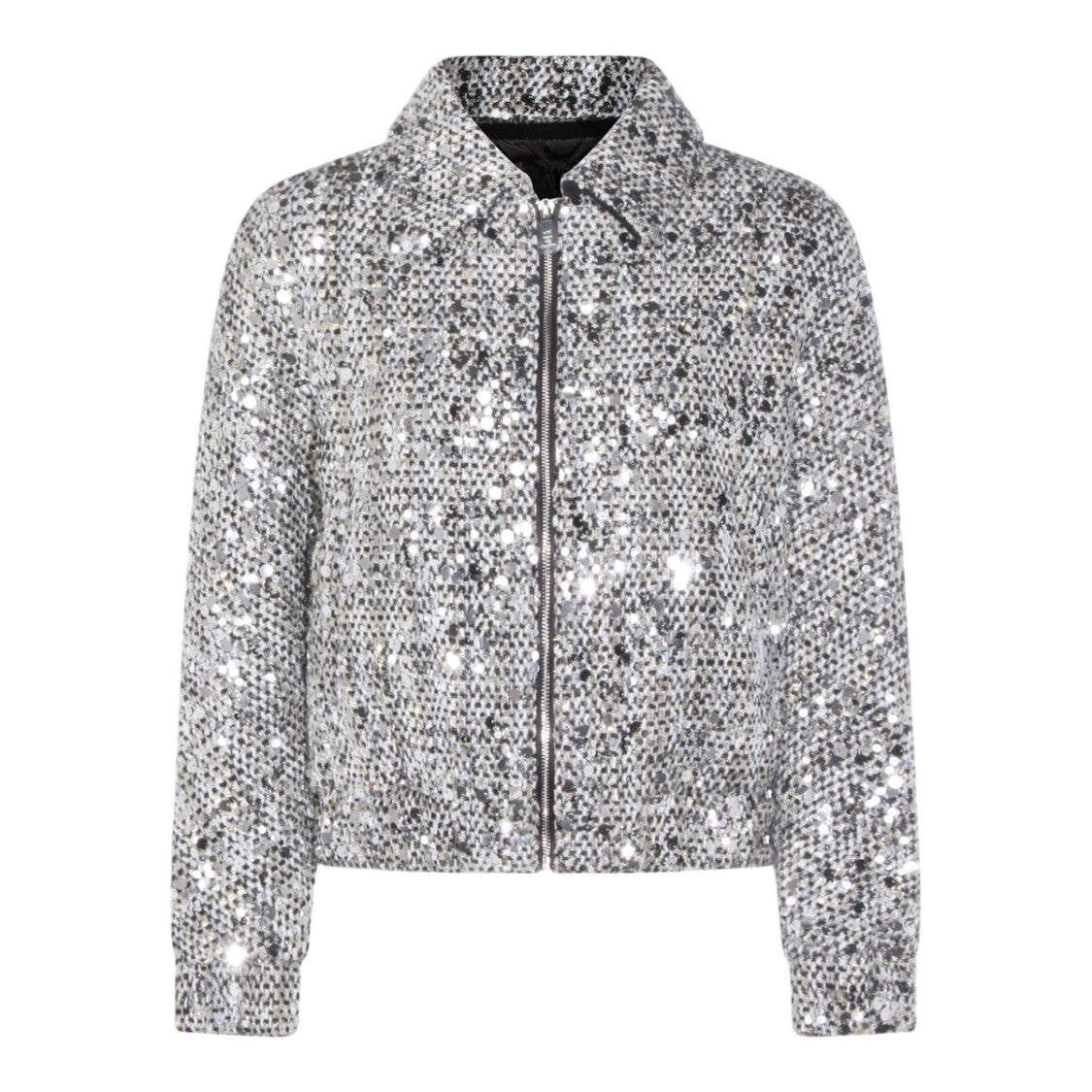 Add Cropped Sequin-Overlay Jacket With Classic Collar