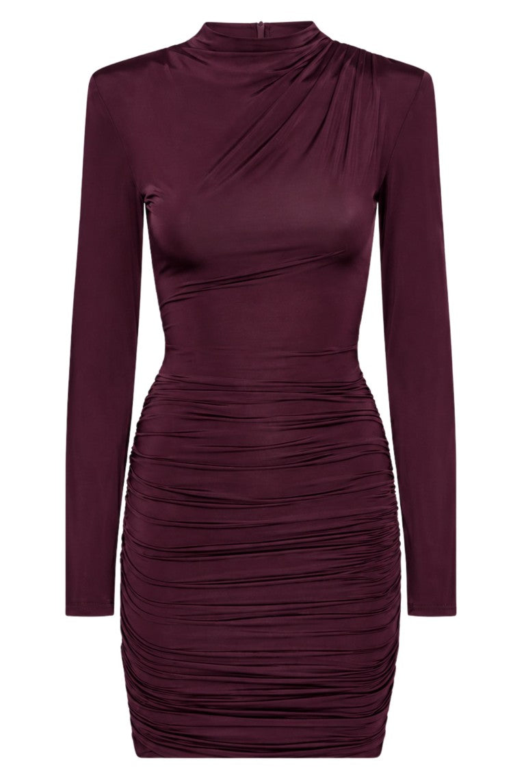 Rotate Wine High Neck Draped Long-Sleeve Mini Dress