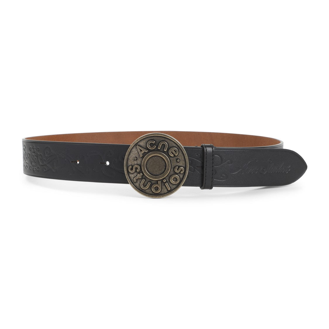 Acne Studios Embossed Black Calf Leather Belt With Aged Gold-Tone Buckle