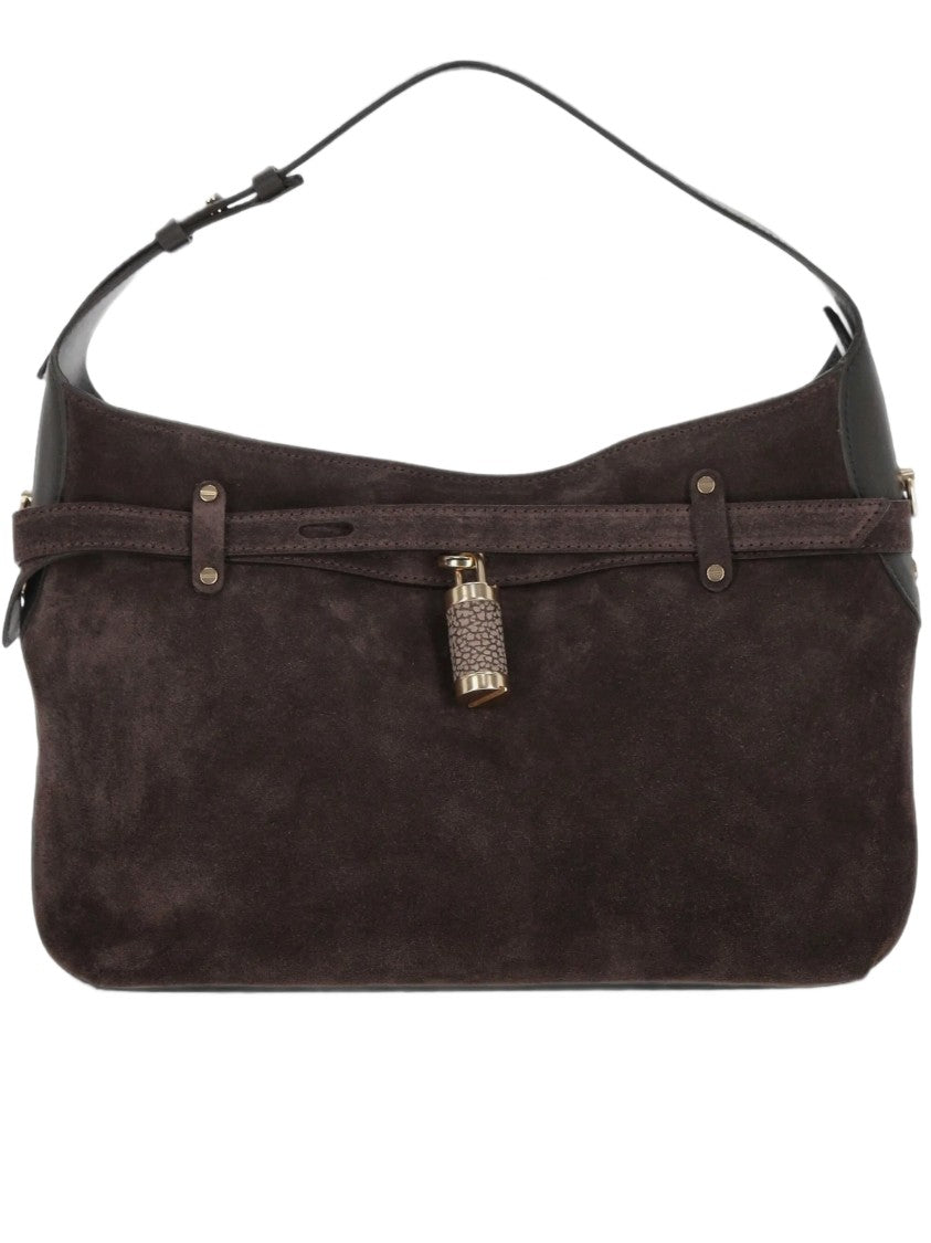 Borbonese Dark Brown Suede Hobo Bag With Gold-Tone Padlock Detail