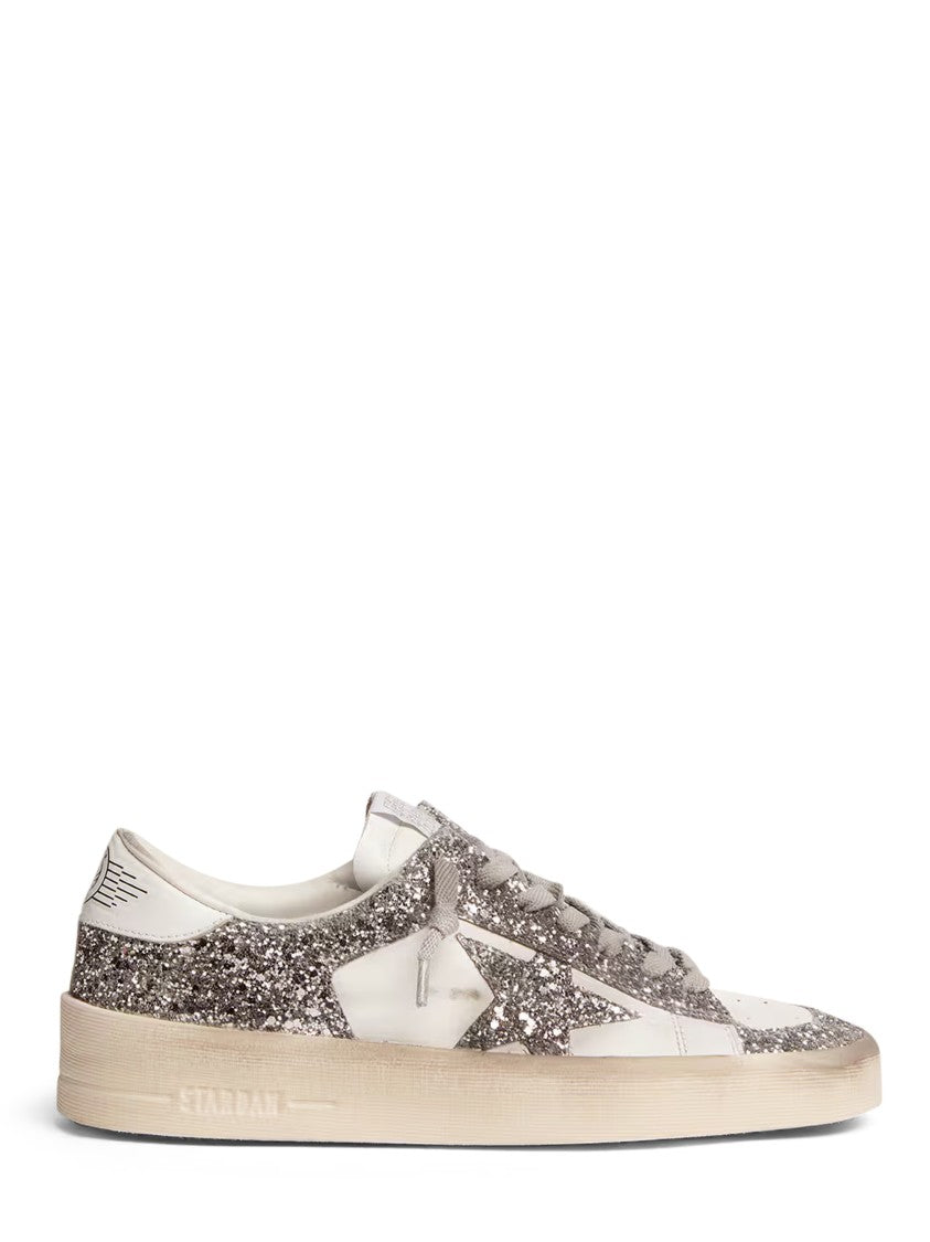 Golden Goose Distressed White Low-Top Sneakers With Silver Glitter Accents