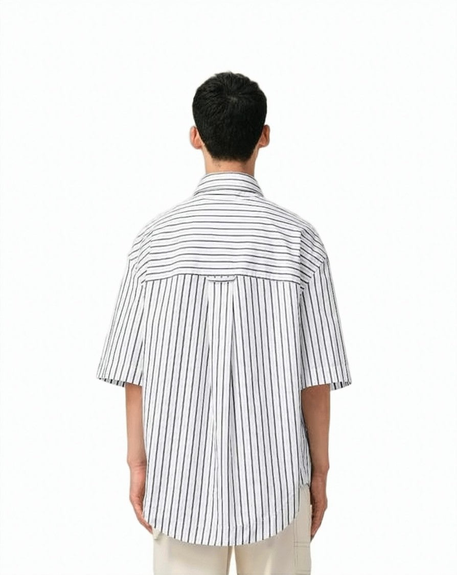 Ami Paris Short-Sleeved Striped Cotton Wide Shirt With Classic Collar