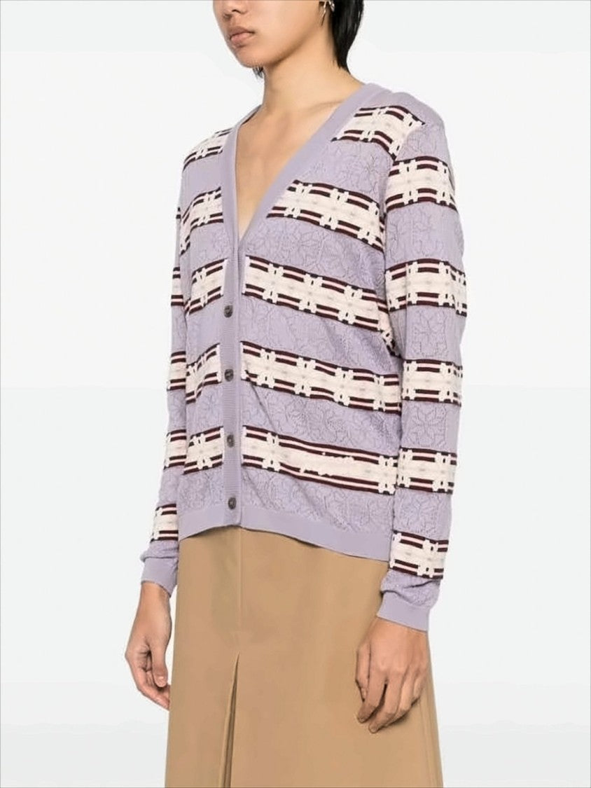 Maison Kitsuné Lilac Striped Textured Knit Cardigan With V-Neckline