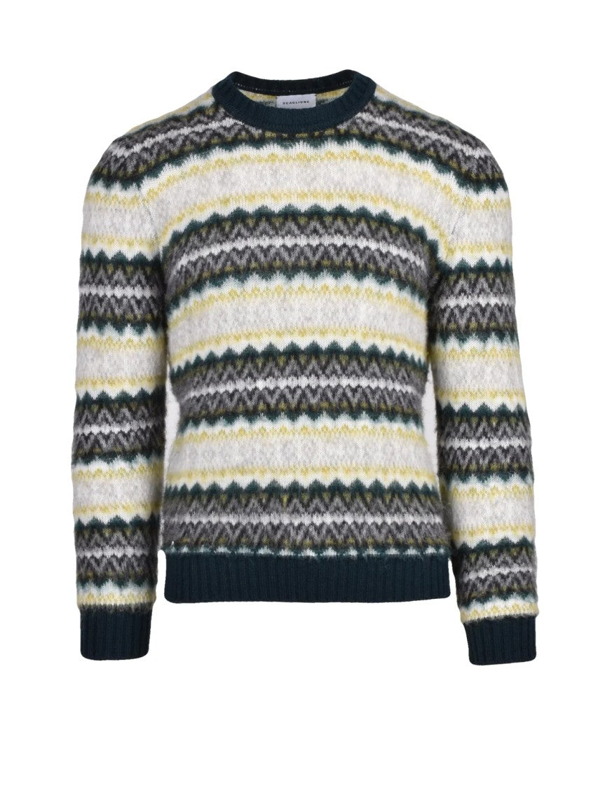 Scaglione Textured Knit Crew Neck Sweater In Green And Grey Hues