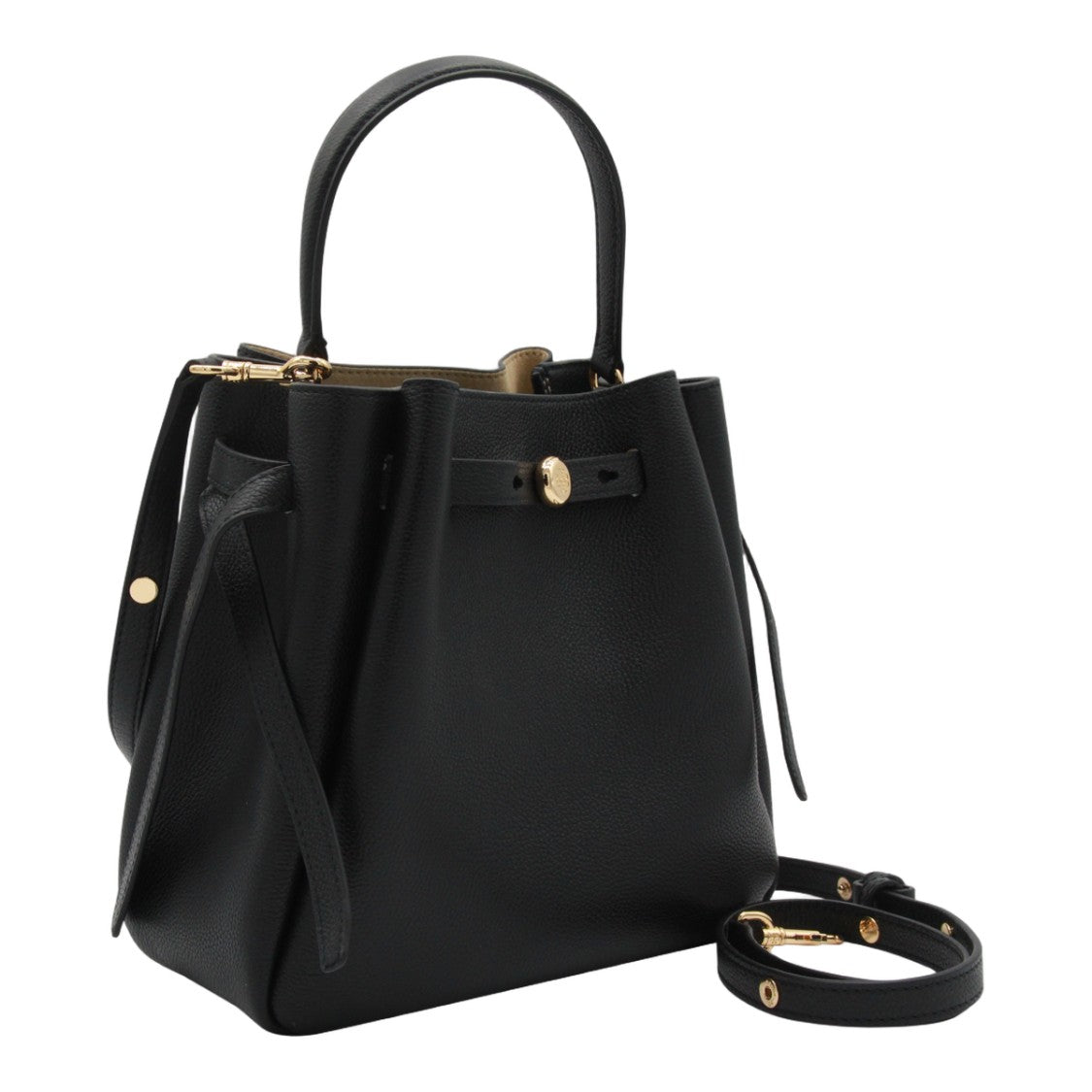 Tory Burch Structured Pebbled Black Handbag With Detachable Strap