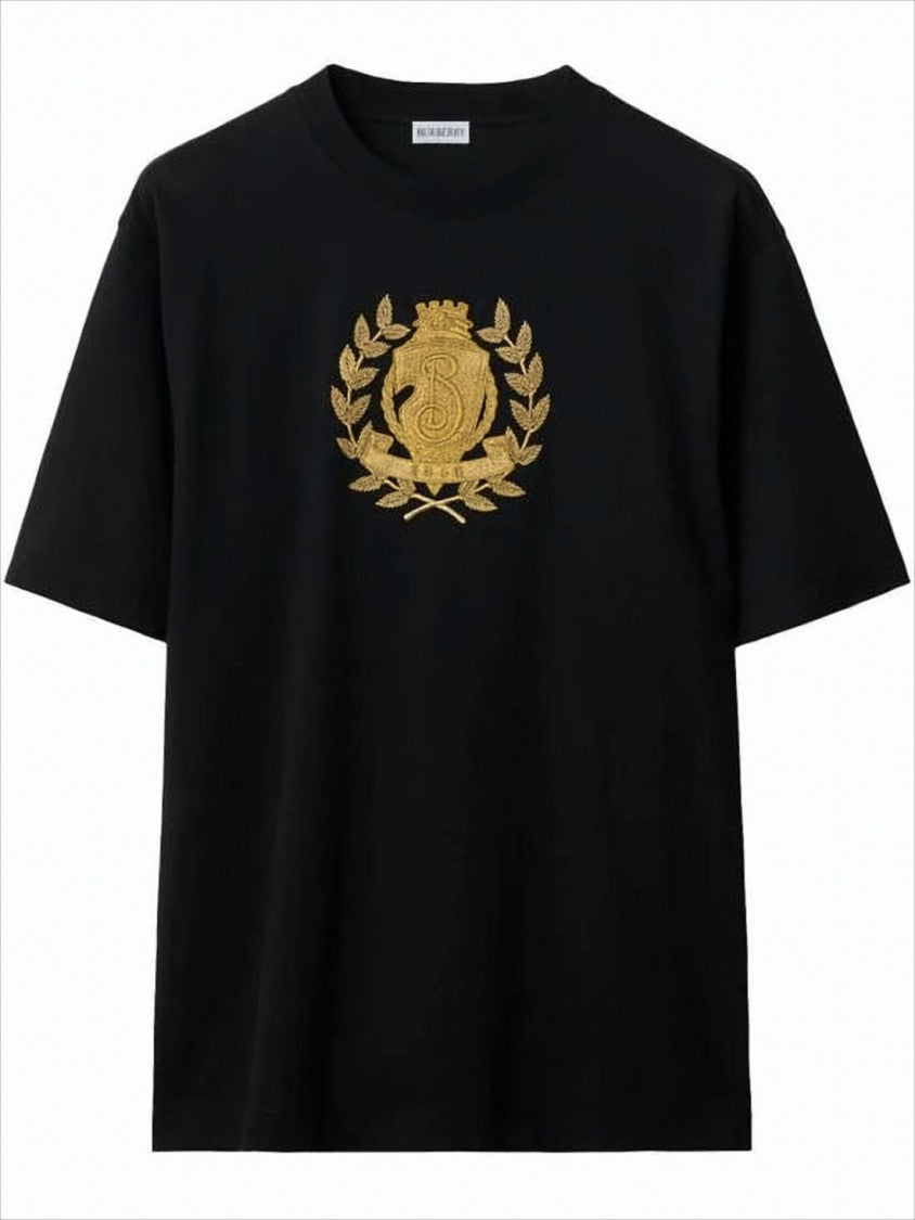 Burberry Short-Sleeve Black T-Shirt With Gold Crest Emblem