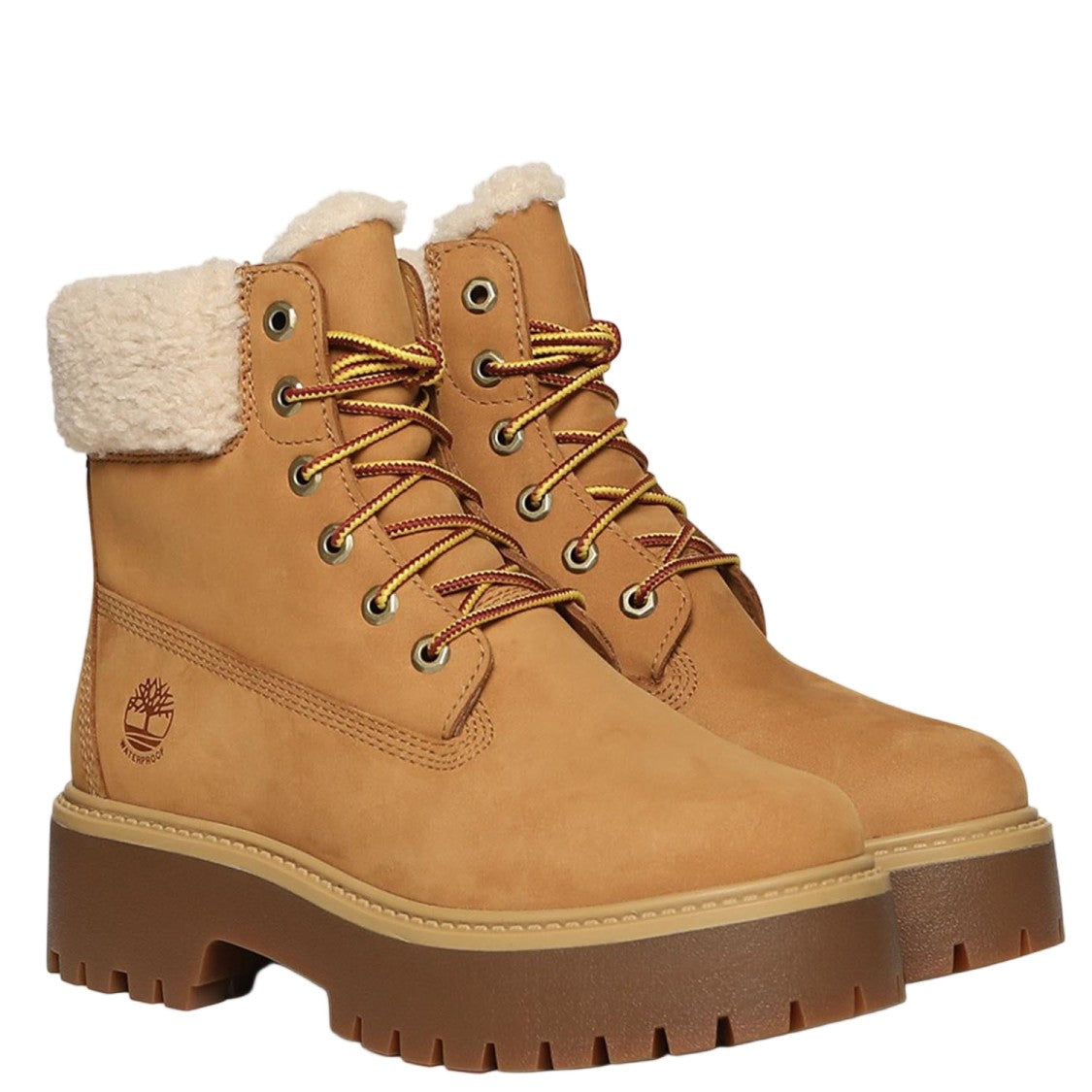 Timberland Round Toe Leather Ankle Boots With Teddy Fleece Collar