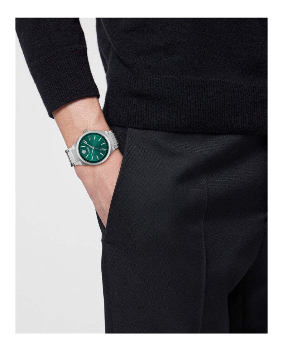 Versace V-Auria Bracelet Watch With Green Guilloche Dial And Stainless Steel Case