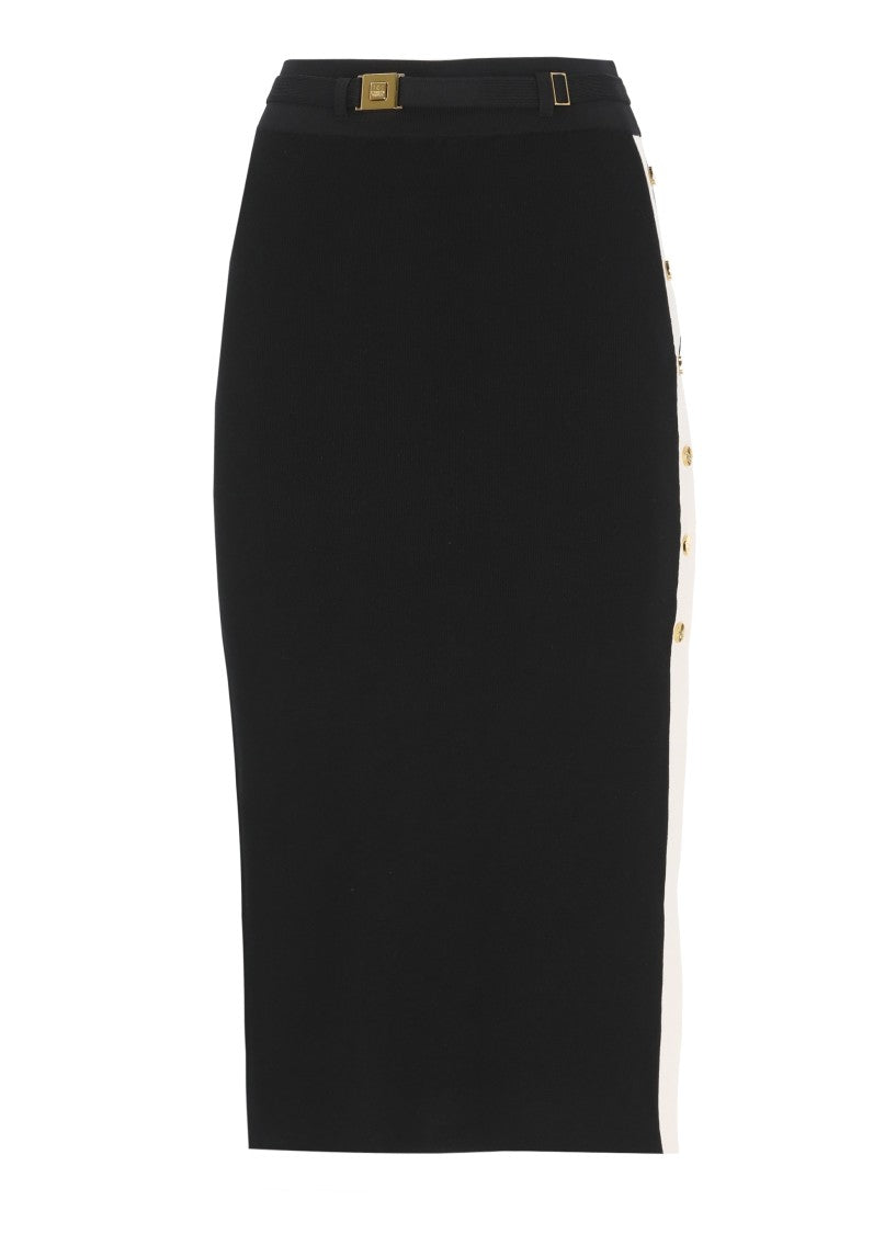 Elisabetta Franchi Pencil Midi Skirt With Logoed Belt And Contrasting Detail