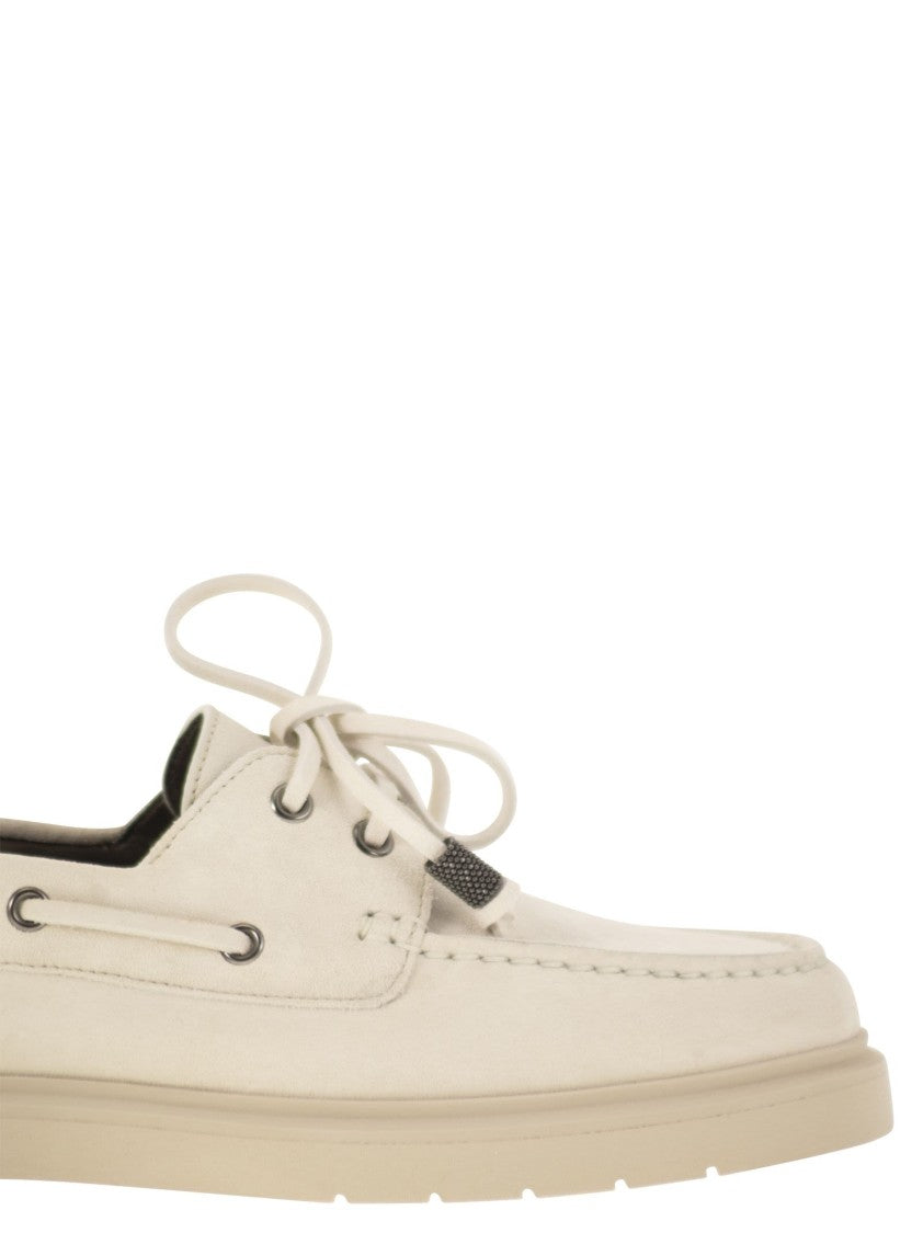 Brunello Cucinelli Penny Loafer Sail In Camoscio Con Shiny Aglets