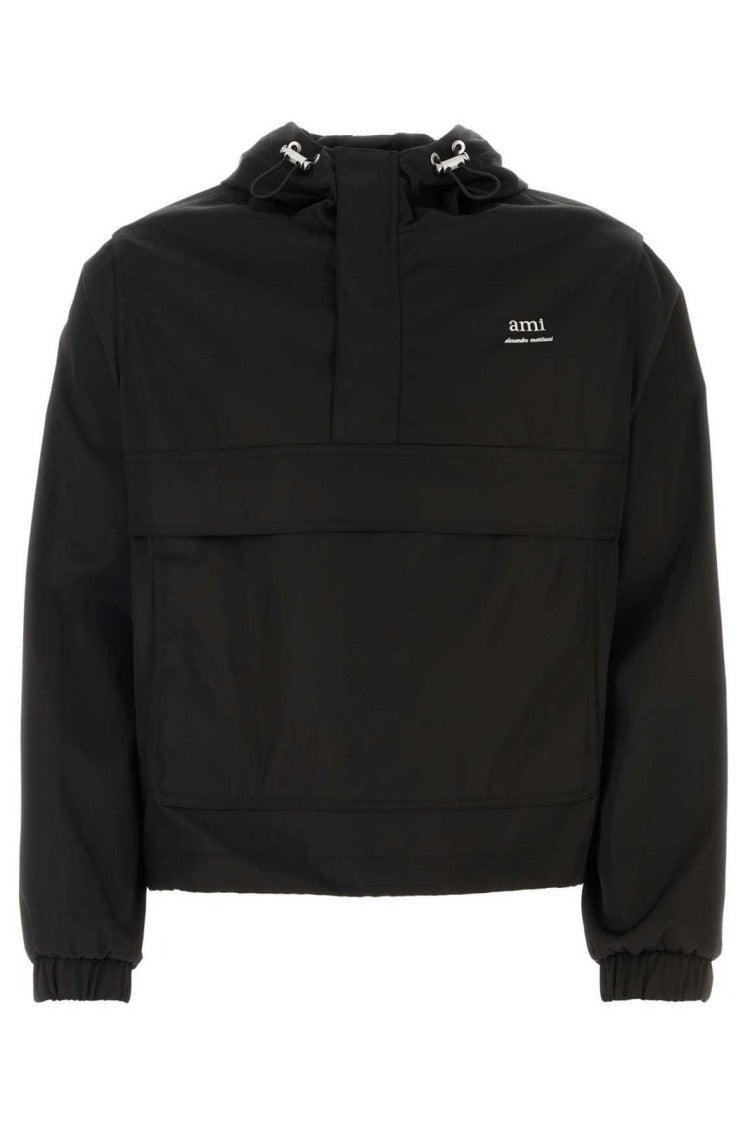 Ami Lightweight Black Hooded Jacket With Elastic Cuffs
