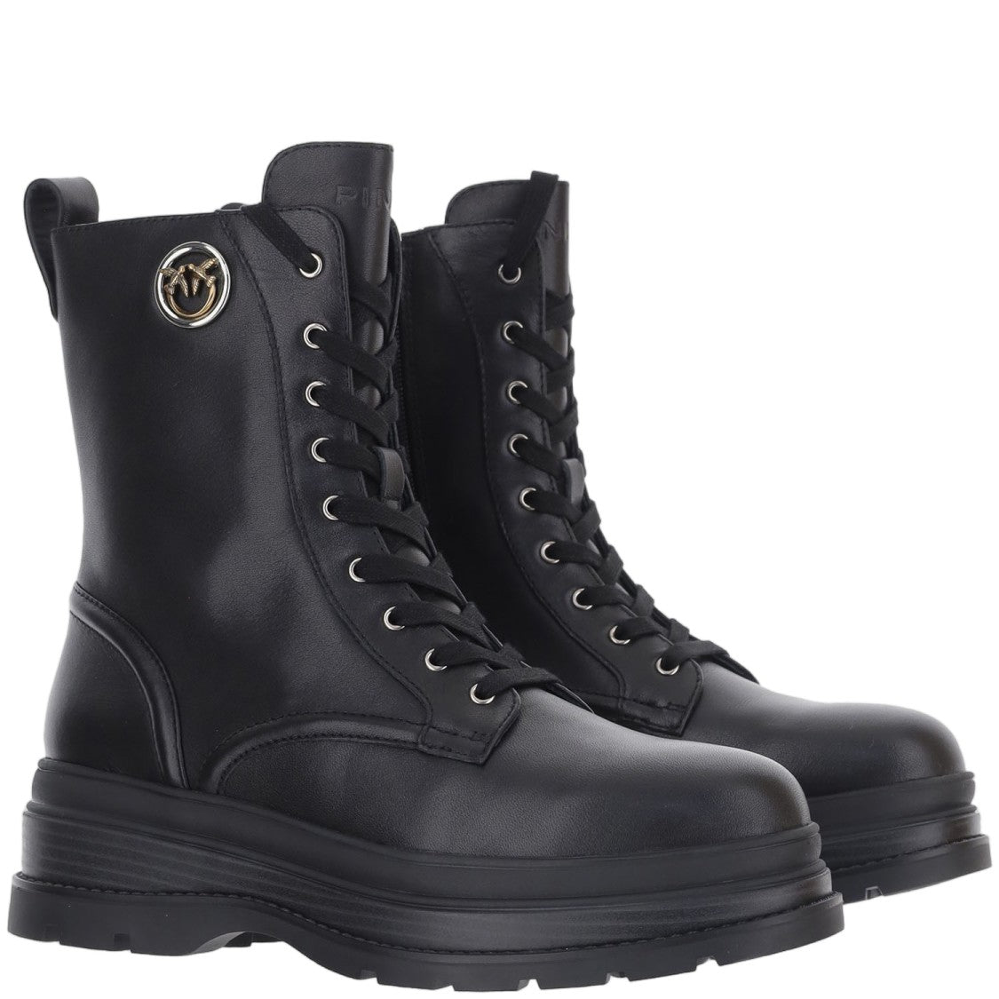 Pinko Black Chunky Sole Lace-Up Leather Boots