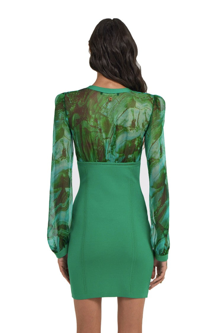 Roberto Cavalli Fitted Green Dress With Sheer Sleeves