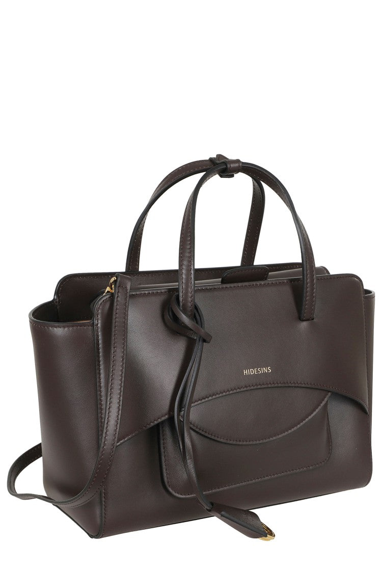 Hidesins Dark Brown Structured Flap M Gold Logo Leather Shoulder Bag