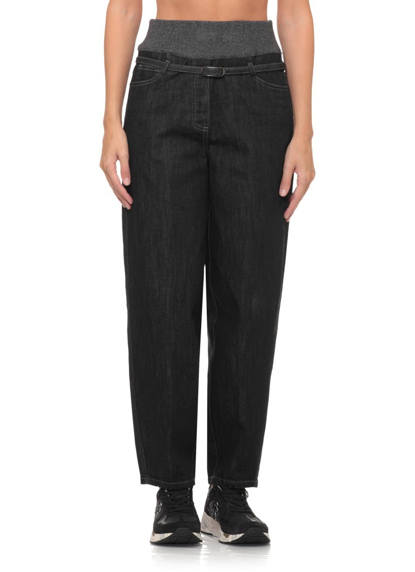 Panicale Black Belted Elastic Waist Cotton Chino Pants Pants