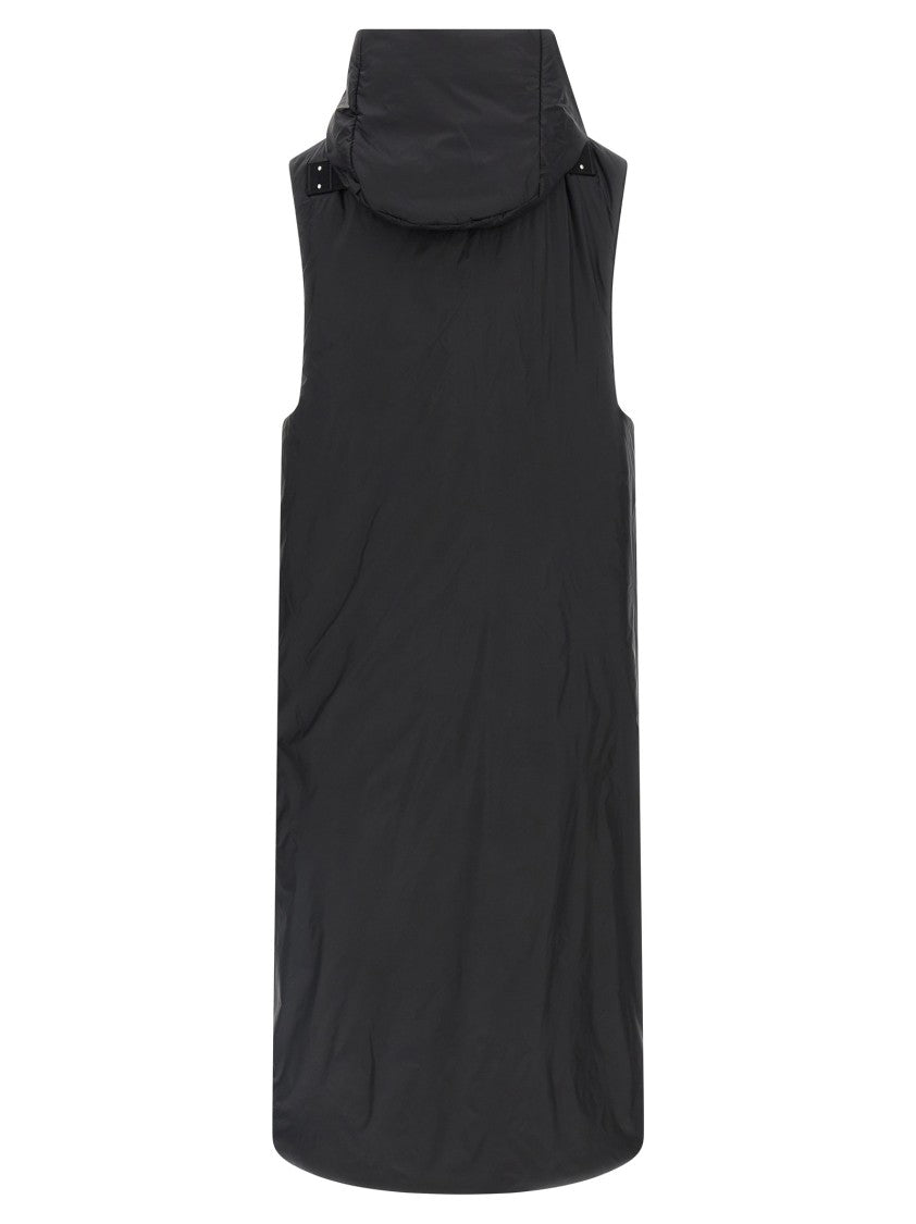Drkshdw Padded Black Long Vest With Asymmetric Closure And Hood