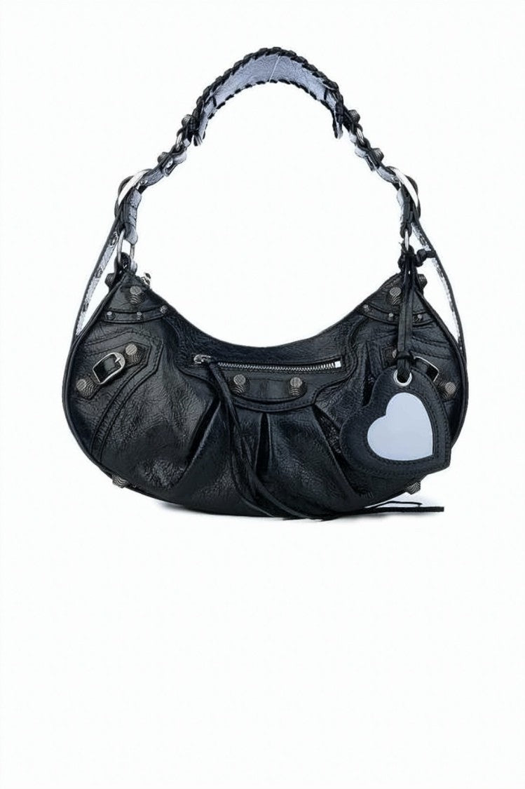 Balenciaga Curved Black Lambskin Shoulder Bag With Silver Accents