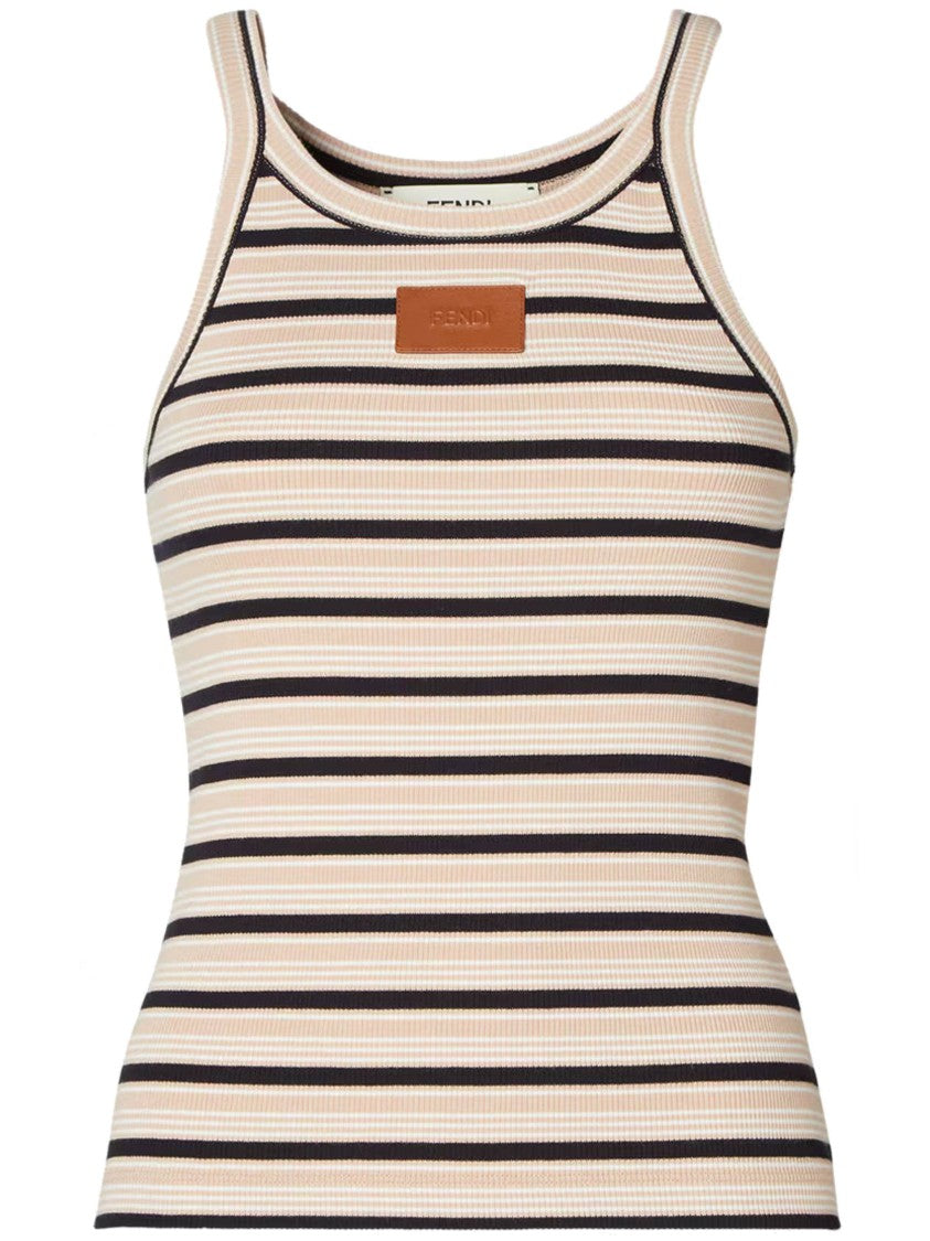 Fendi Sleeveless Ribbed Knit Top With Square Neckline And Leather Detail