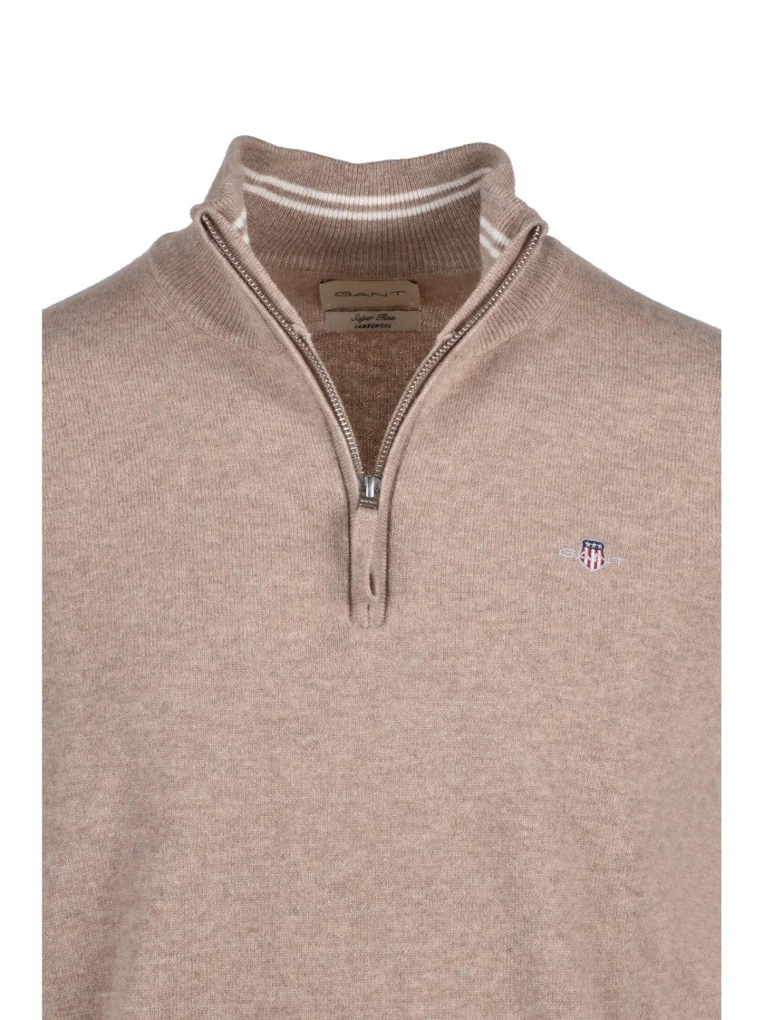 Gant Zip-Neck Beige Wool Pullover With Ribbed Details