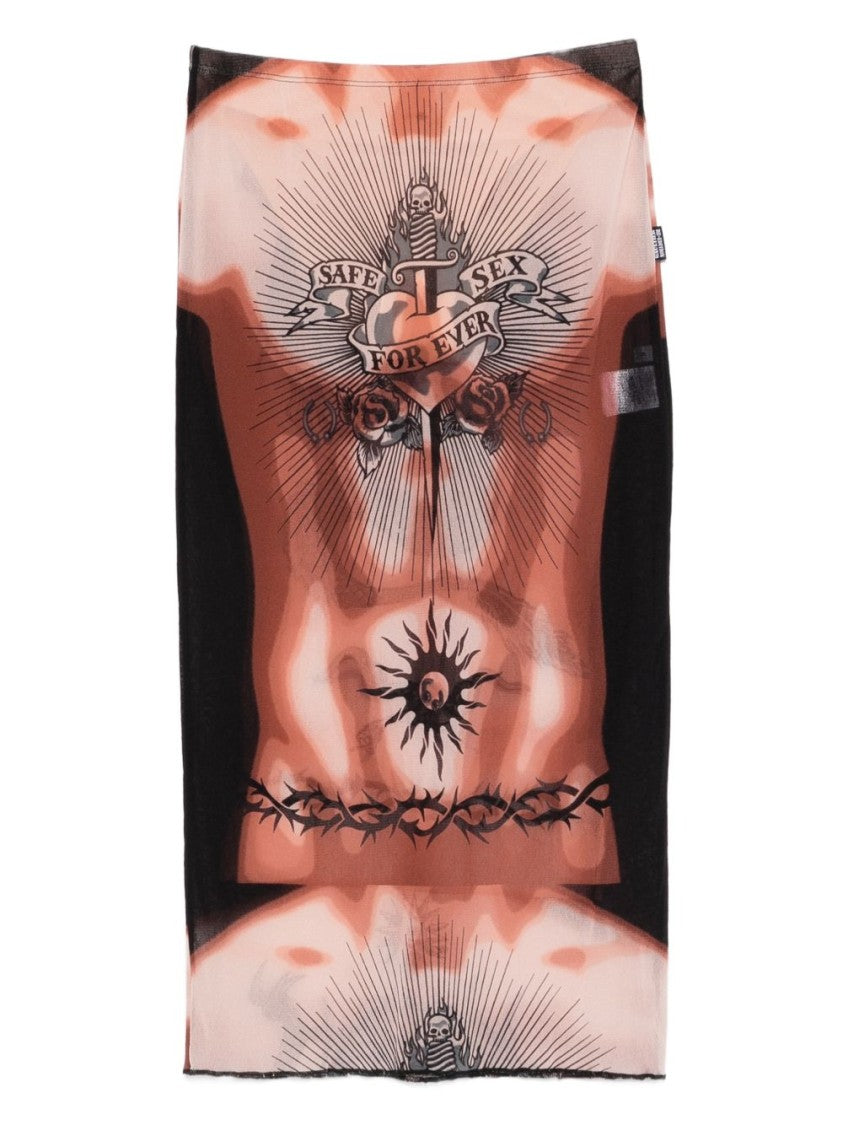 Jean Paul Gaultier Tattoo-Print Fitted Midi Skirt
