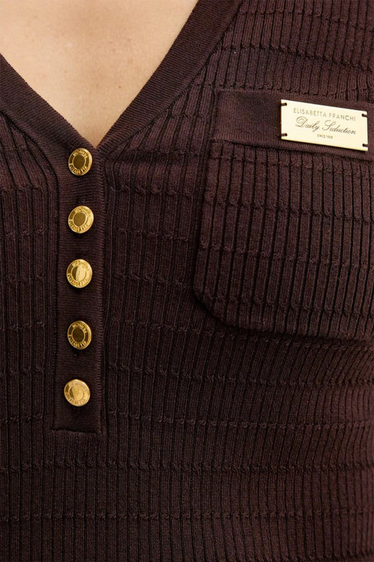 Elisabetta Franchi Brown Collared V-Neck Ribbed Lyocell-Silk Polo Sweater