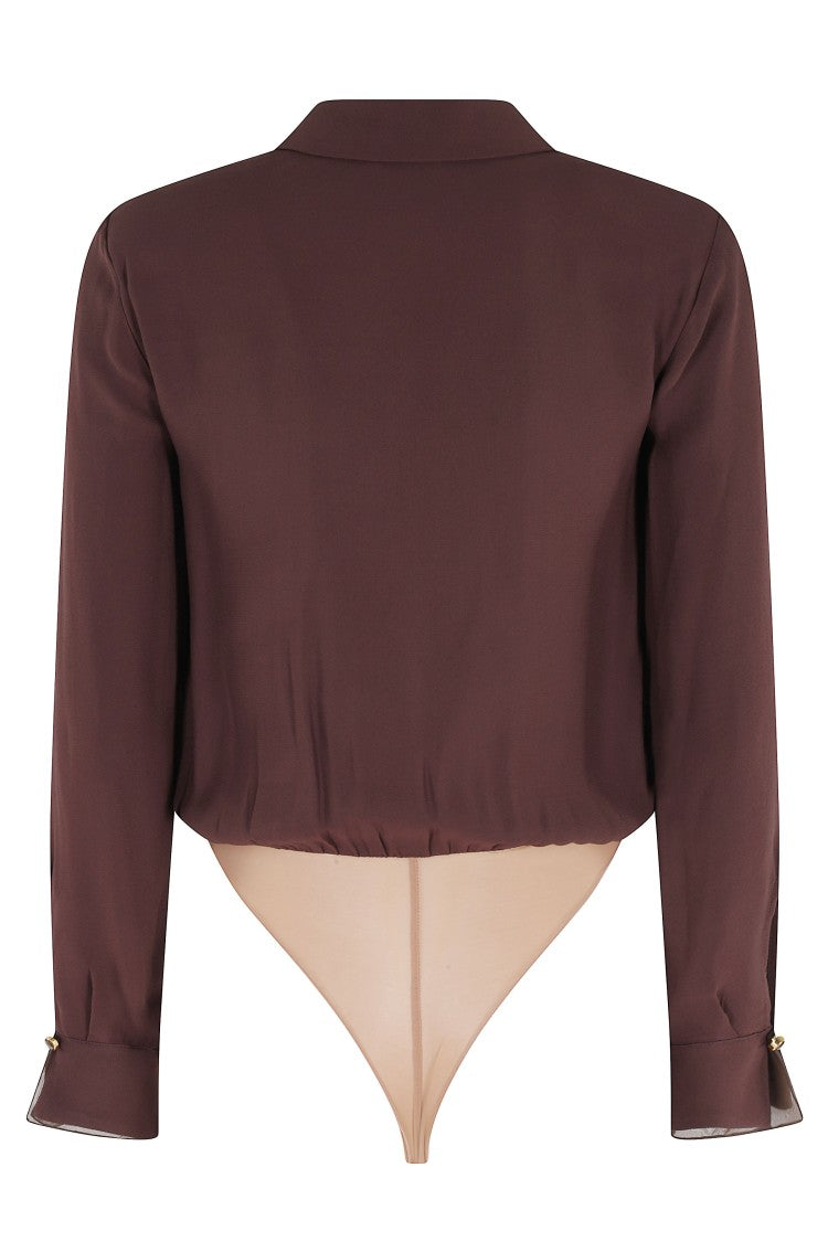 Elisabetta Franchi Brown Organza-Inserts Padded-Shoulders Viscose Bodysuit