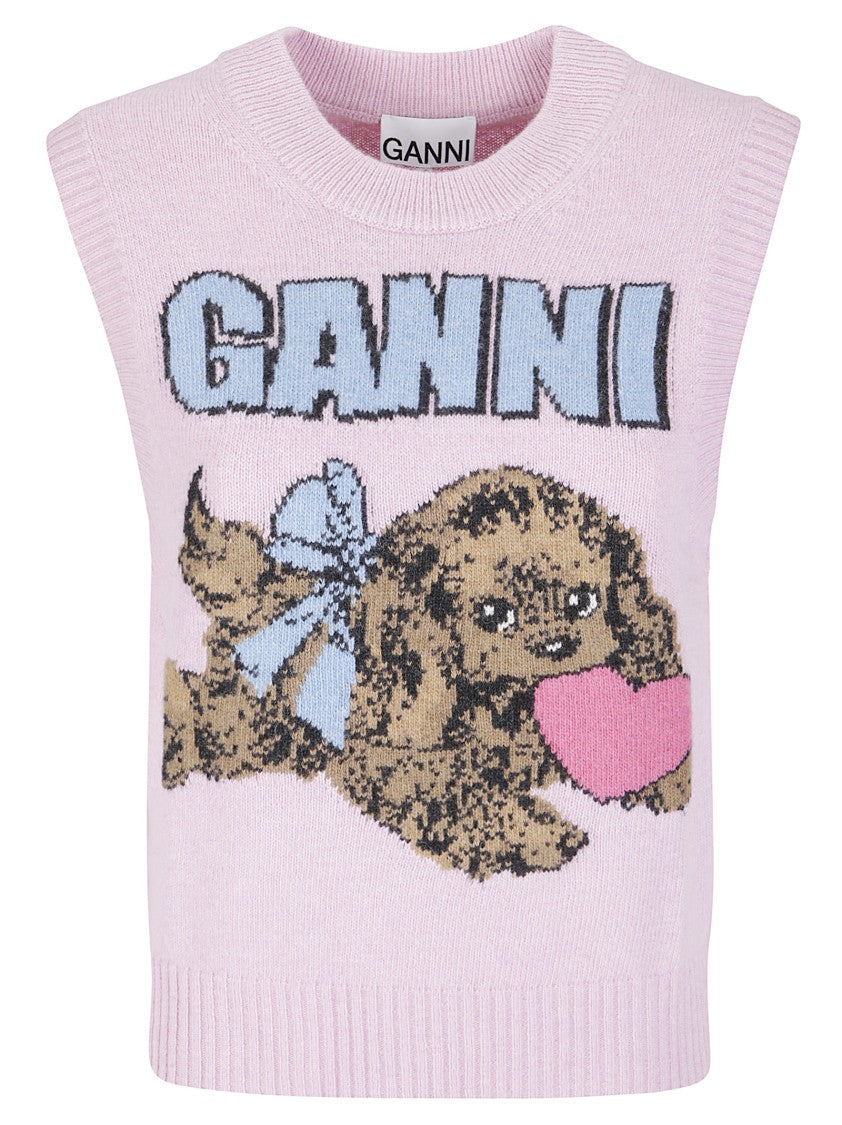 Ganni Textured Knit Vest With Playful Puppy Graphic
