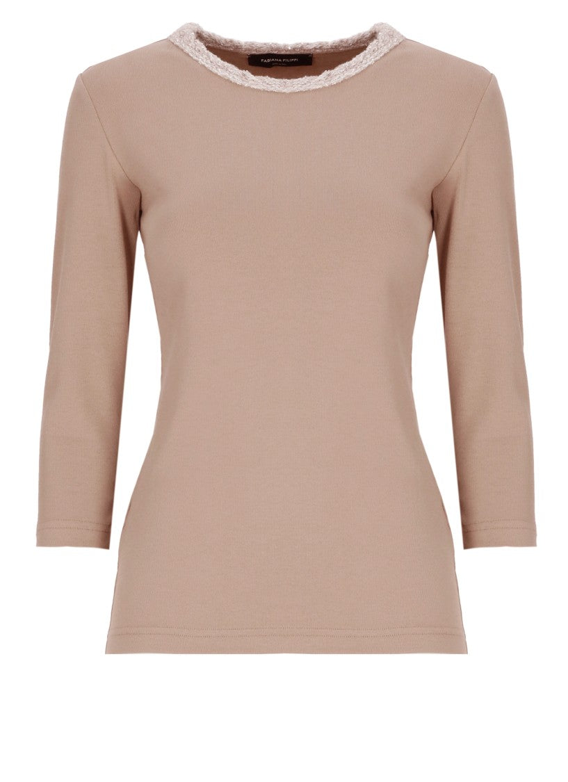 Fabiana Filippi Beige Sequined Cotton T-Shirt