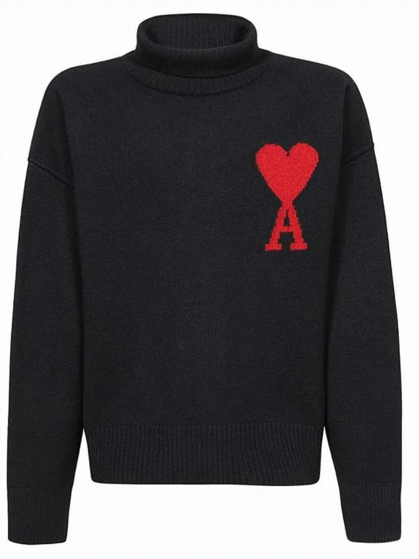 Ami Paris Cropped Black Wool Turtleneck Sweater With Iconic Emblem