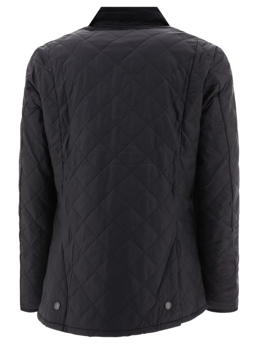 Barbour Quilted Black Jacket With Corduroy Collar And Diamond Pattern