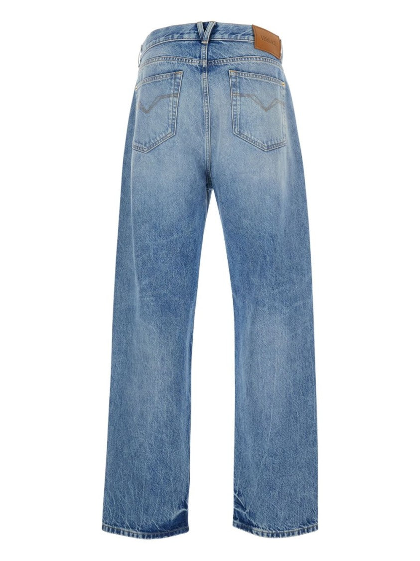 Versace Straight-Leg Denim Look Trousers With Metallic Emblem