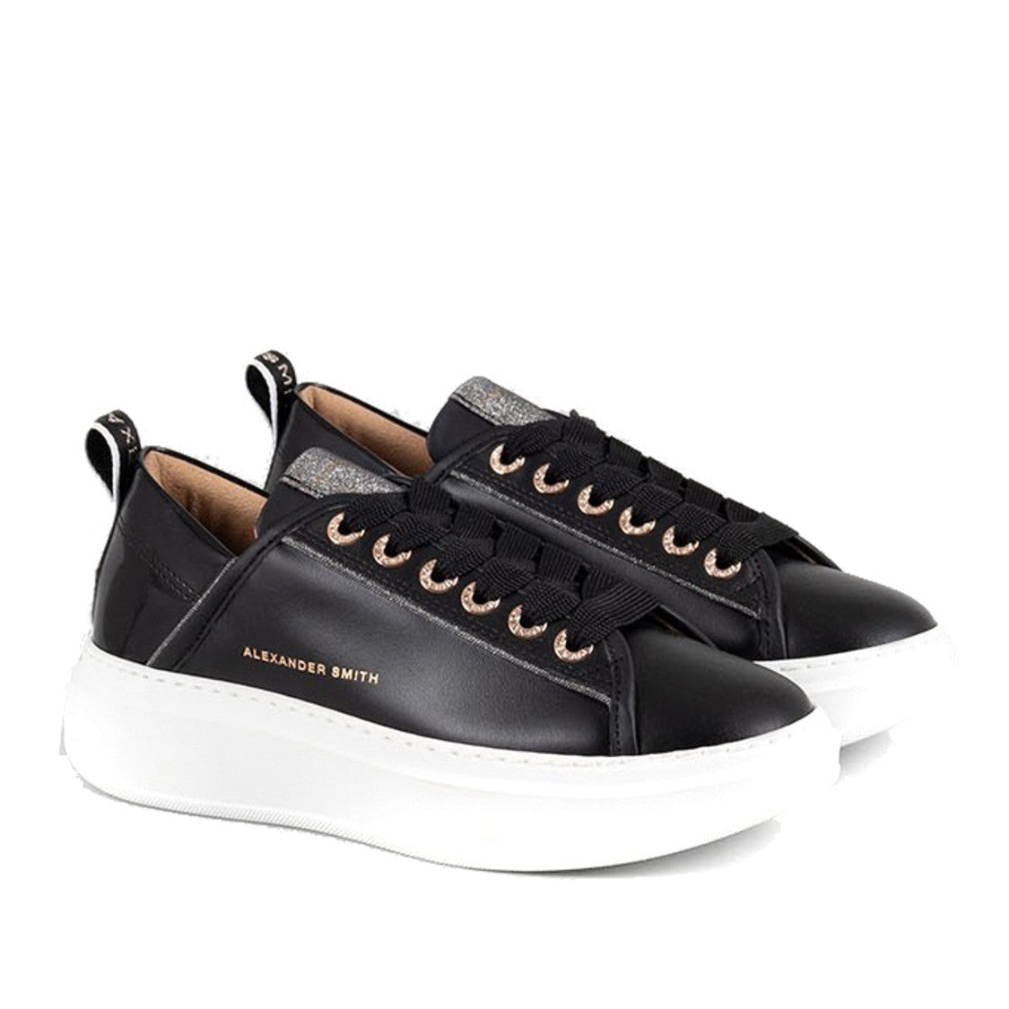 Alexander Smith Black Glossy Accent Bold Sole Leather Sneakers