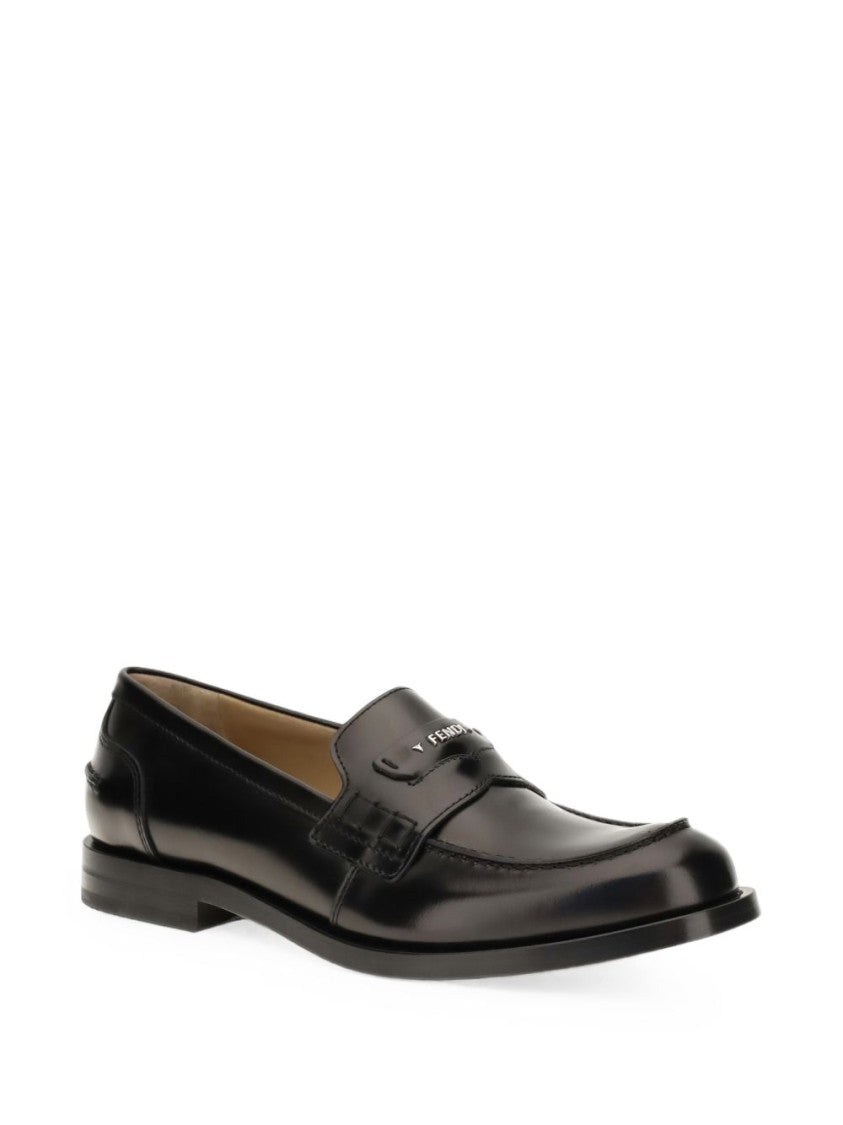 Fendi Polished Leather Metal Plaque Rounded-Toe Loafers