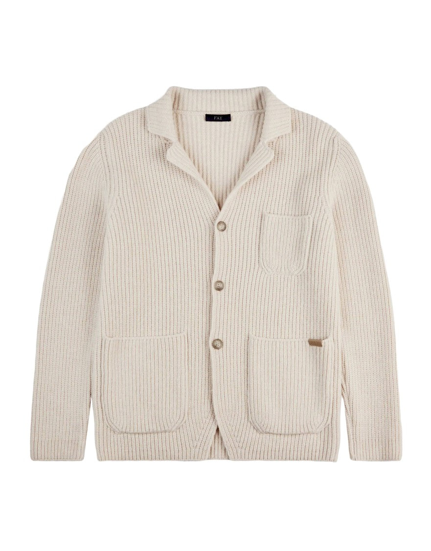 Fay Pearl Rib Knit F.7 Cardigan In White Wool