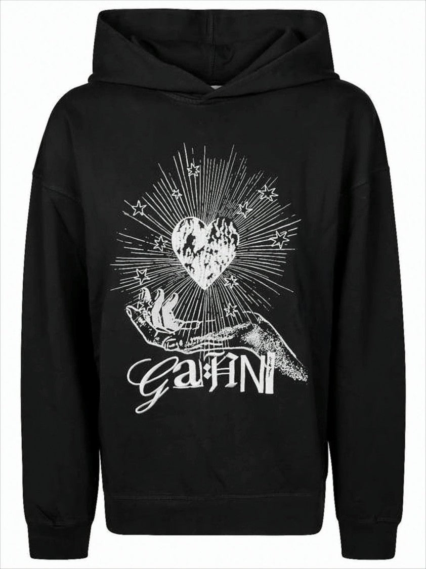 Ganni Black Organic Cotton Hoodie With Artistic Graphics And Handwritten Details