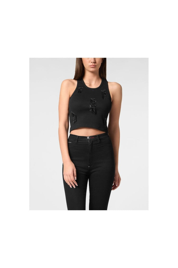 Philipp Plein Black Ribbed Beaded-Fringe Tank