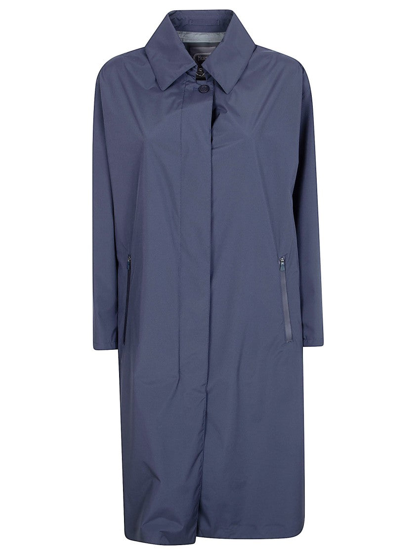 Herno Blue Coat With Classic Collar And Concealed Closure