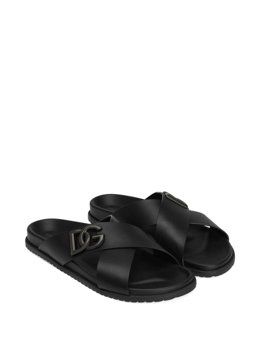 Dolce & Gabbana Black Leather Crisscross Strap Logo Sandals